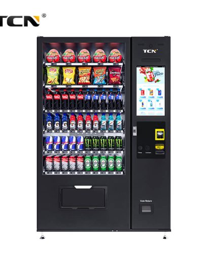 TCN vending machine stocked with snacks and drinks